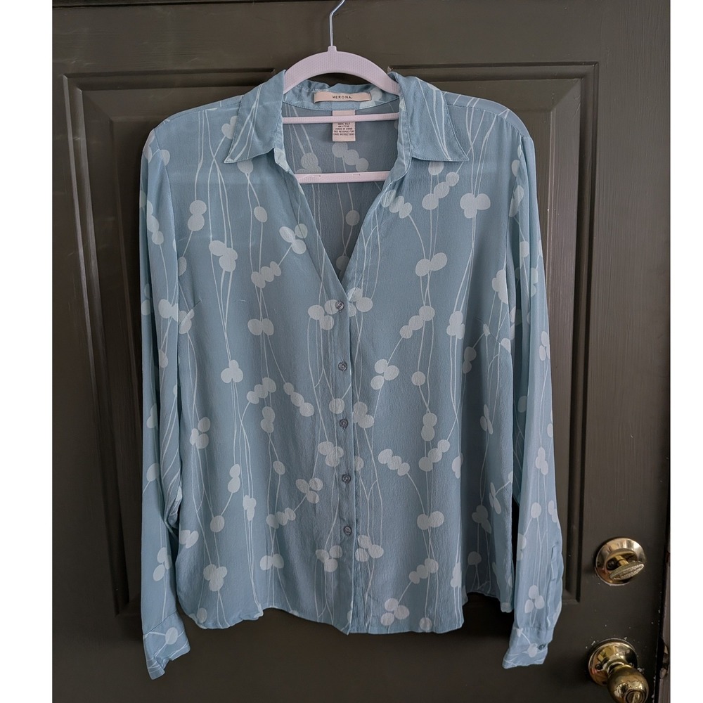 Merona Y2K 100%‎ Silk Blouse Long Sleeve Button Down Light Blue Floral Large